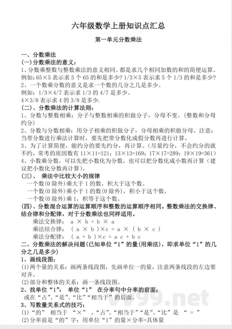 (人教版)六年级数学上册知识点汇总 (人教版)六年级数学上册知识点汇总