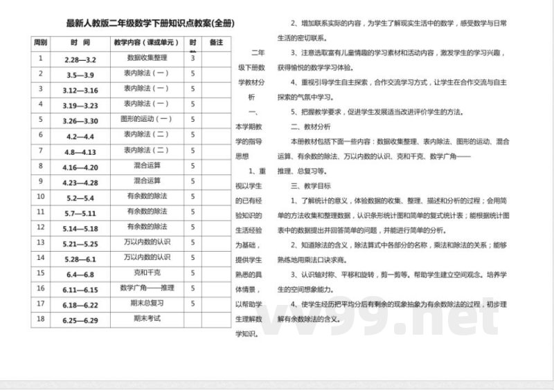 最新人教版二年级数学下册知识点教案(全册)