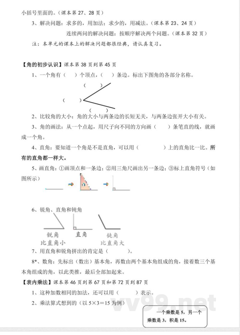 新人教版二年级上册数学知识点梳理