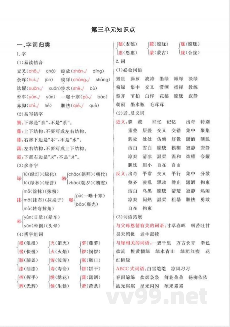 语文四年级下册各单元知识点总结(部编版)