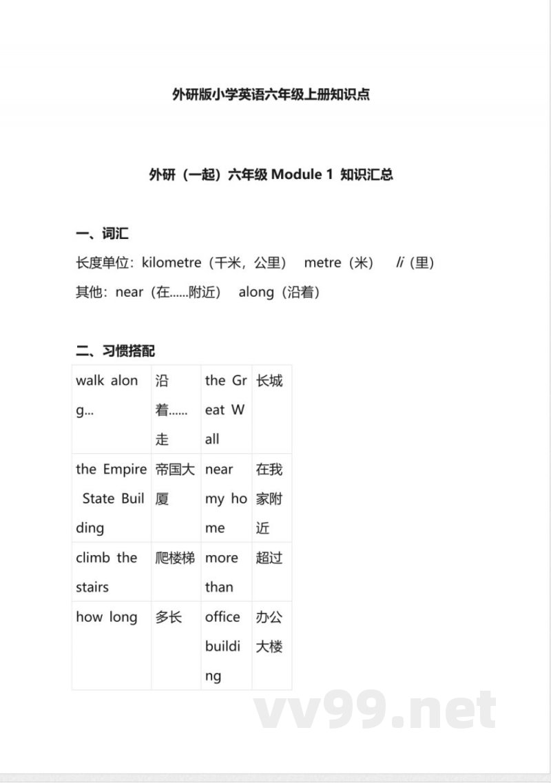 外研版小学英语六年级上册知识点