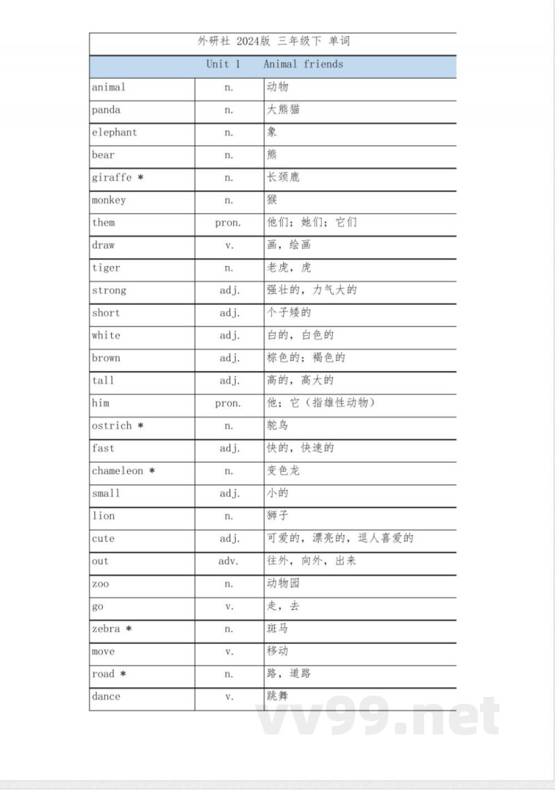 外研版(2024版)小学英语三年级下册单词