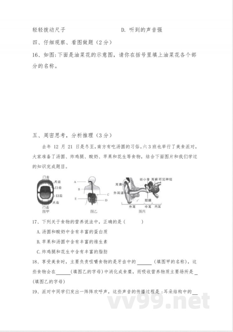小升初科学模拟试卷(试题)科学六年级下册教科版