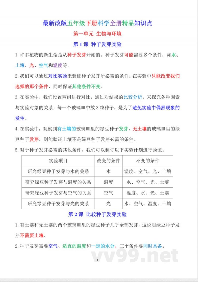新改版教科版五年级下册科学全册知识点 新改版教科版五年级下册科学全册知识点