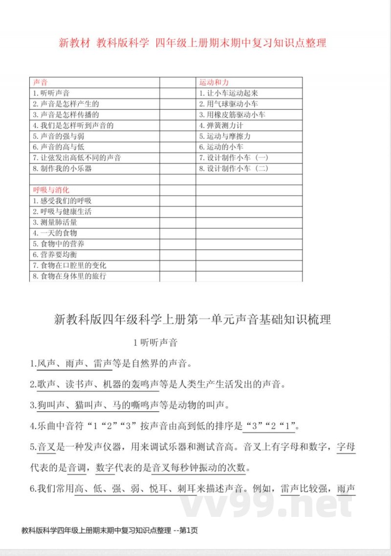 教科版科学四年级上册期末期中复习知识点整理 教科版科学四年级上册期末期中复习知识点整理