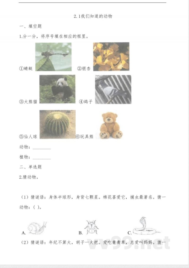 教科版一年级科学下册 2.1我们知道的动物 同步练习 (含答案解析)