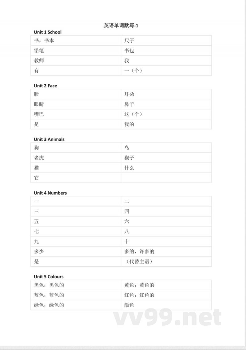 人教新起点版小学英语一年级上册单词默写
