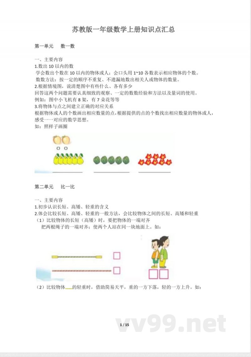 一年级上册数学知识点汇总 苏教版