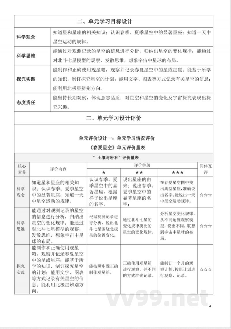 青岛版五年级科学下册第三单元春夏星空大单元教学设计 青岛版五年级科学下册第三单元春夏星空大单元教学设计