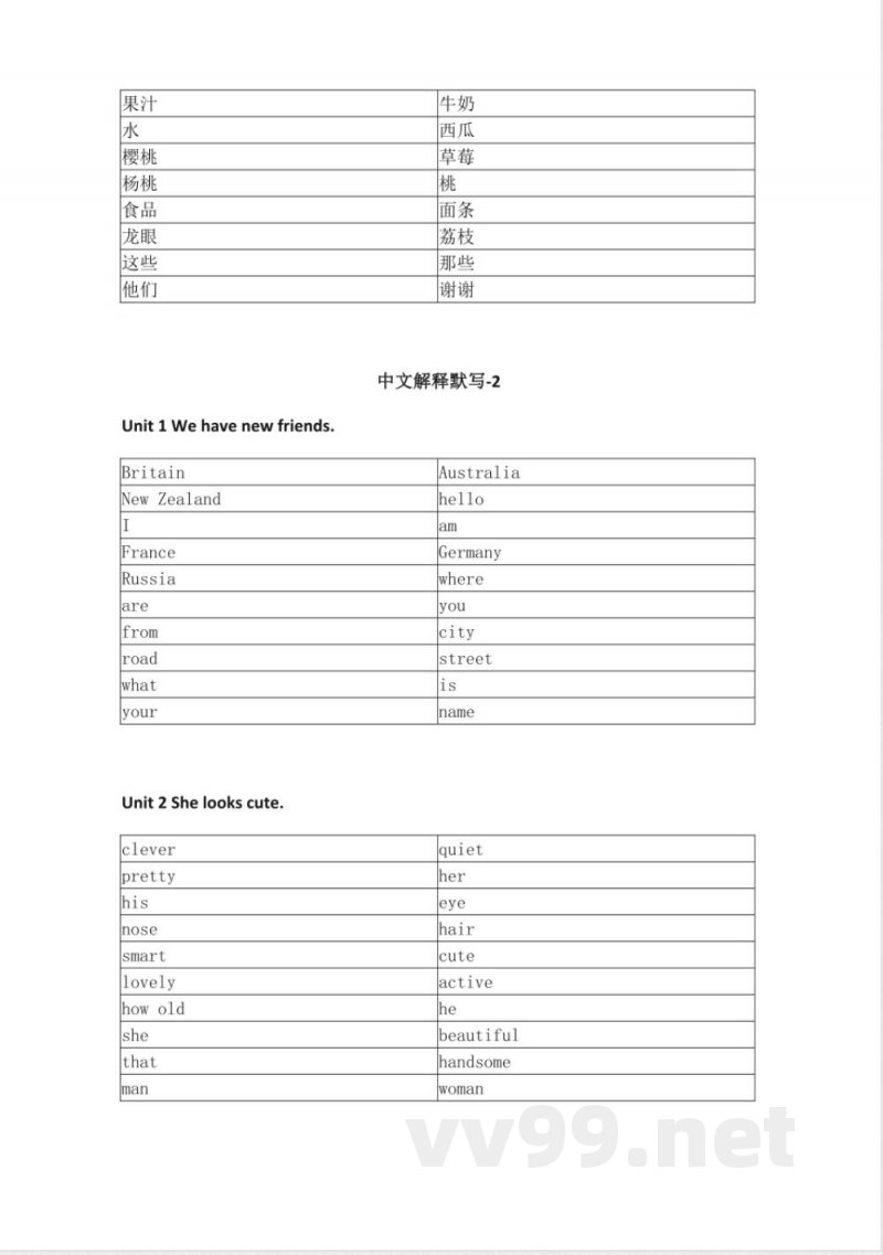 人教精通版小学英语五年级上册默写表