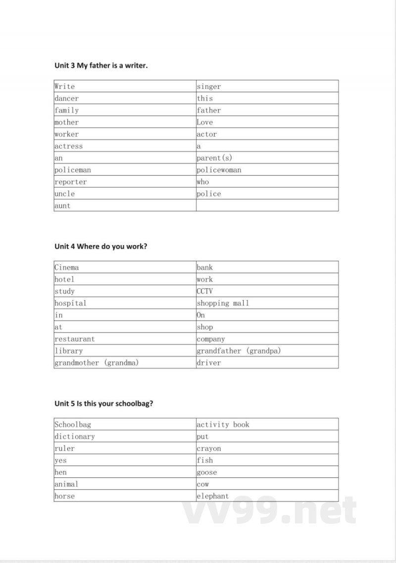 人教精通版小学英语五年级上册默写表