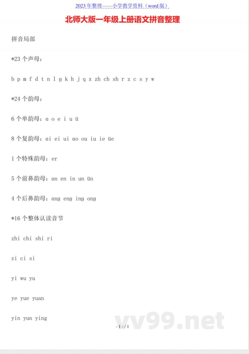 北师大版一年级上册语文拼音整理