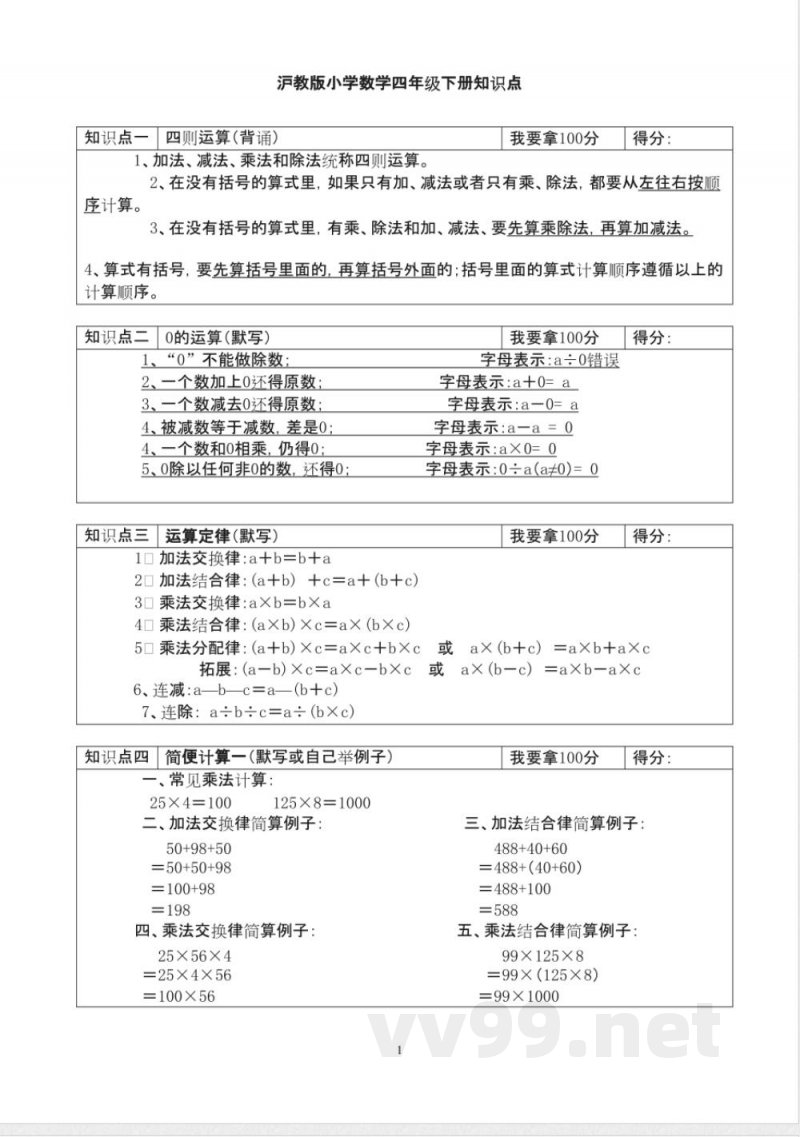 沪教版小学数学四年级下册知识点总复习