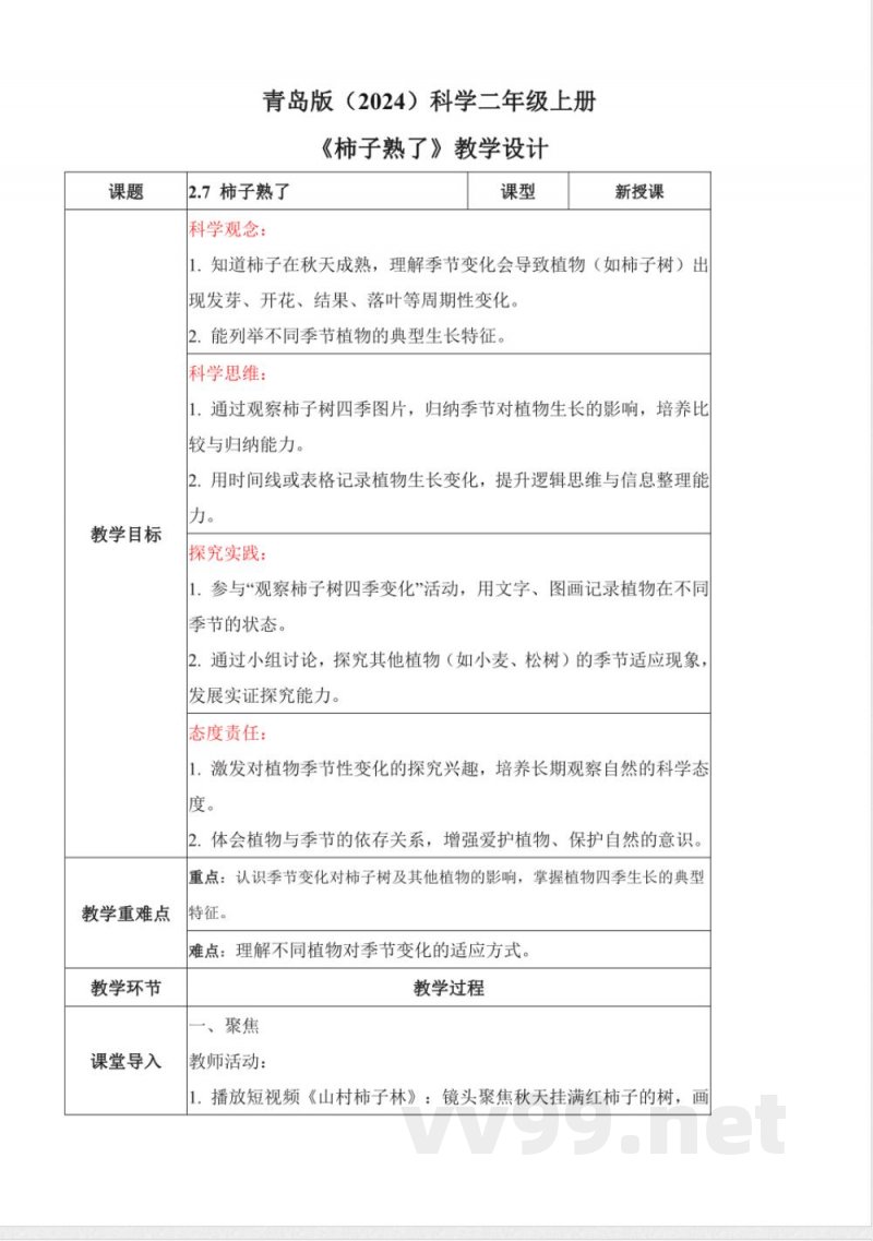 2.7 柿子熟了(教学设计)科学青岛版二年级上册(新教材) 2.7 柿子熟了(教学设计)科学青岛版二年级上册(新教材)