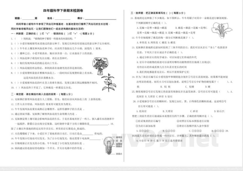 科学(教科版)四年级下册期末检测卷 科学(教科版)四年级下册期末检测卷