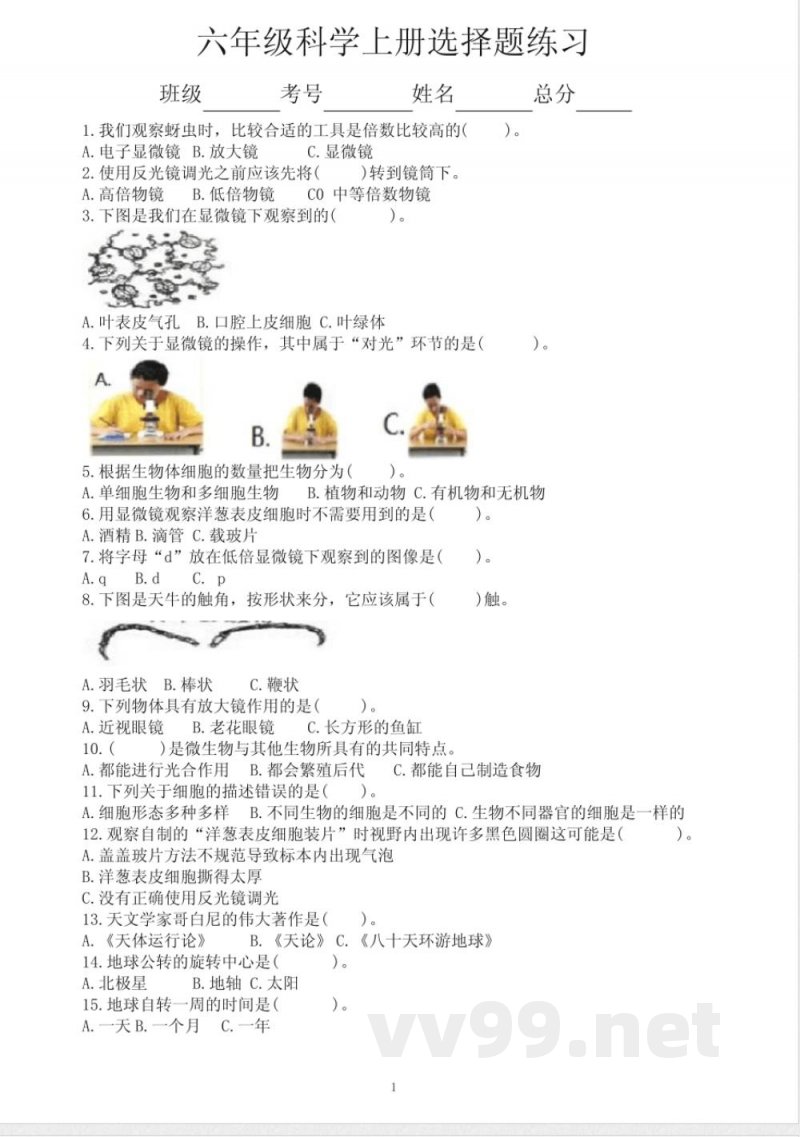 小学科学教科版六年级上册期末选择题练习二(附参考答案)(2021新版)