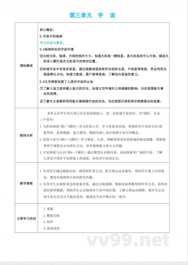 第三单元 宇宙 单元教学设计 教科版科学六年级下册 第三单元 宇宙 单元教学设计 教科版科学六年级下册