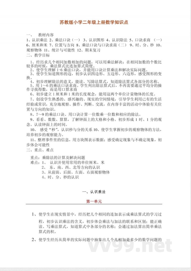 数学苏教版二年级上册知识点