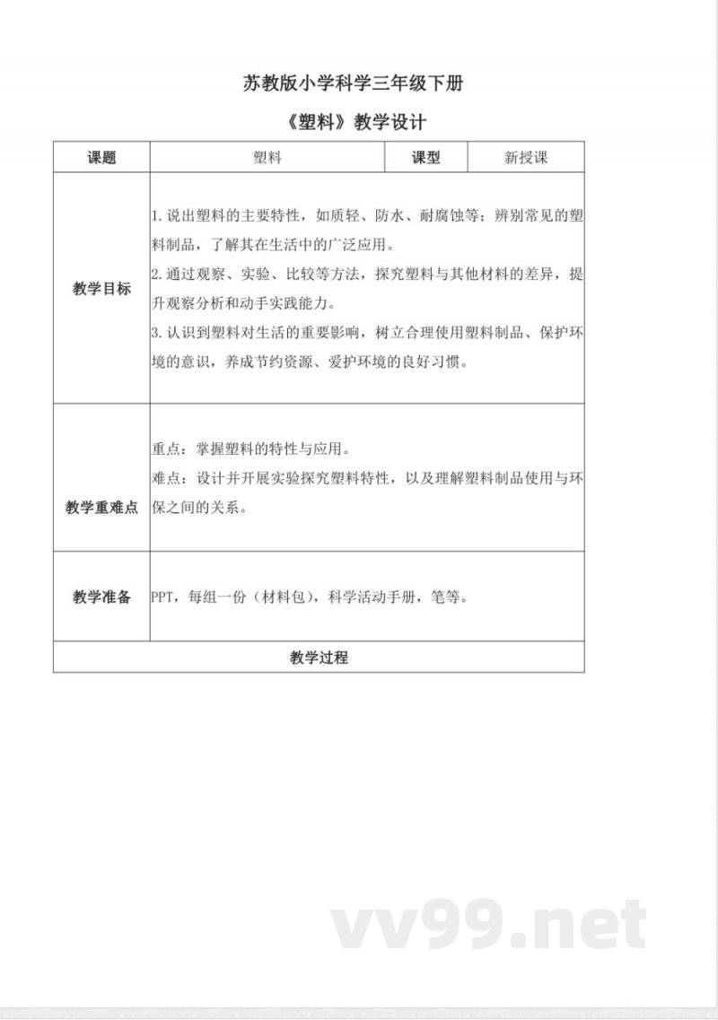 4.15 塑料(教学设计)-三年级科学下册(苏教版) 4.15 塑料(教学设计)-三年级科学下册(苏教版)
