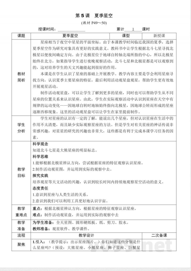 3.5《夏季星空》教案教科版科学六年级下册