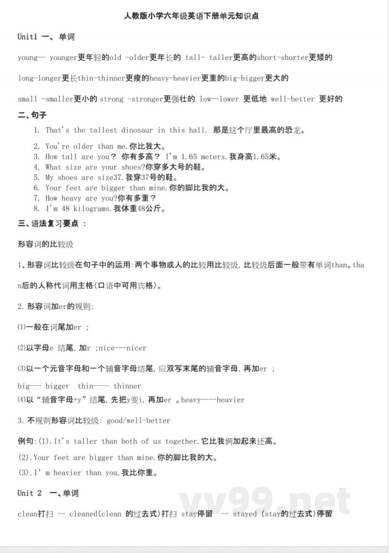 人教版小学六年级英语下册单元知识点