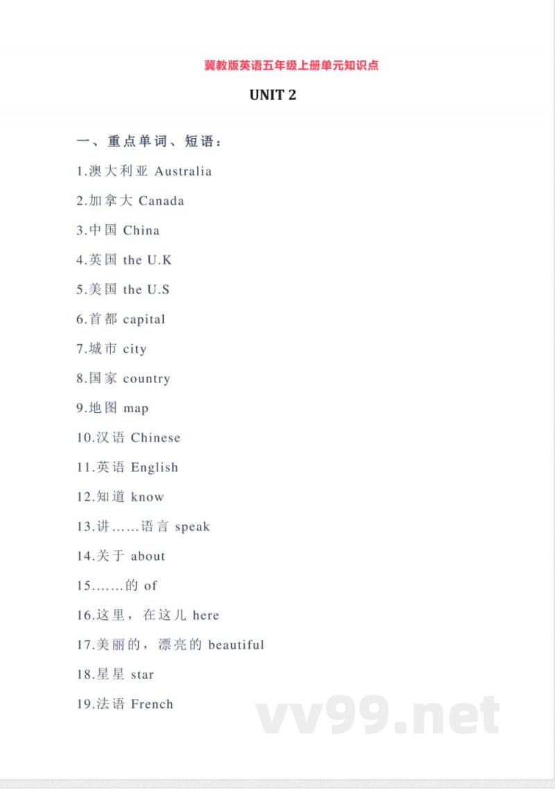 冀教版英语五年级上册Unit2单元知识点 冀教版英语五年级上册Unit2单元知识点