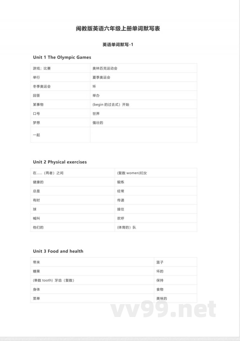 闽教版英语六年级上册单词表 单词默写表表 闽教版英语六年级上册单词表 单词默写表表