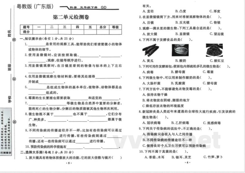 粤教版广东版五年级科学下册全套试卷（附答案）