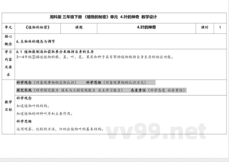 4.4叶的神奇 教学设计 湘科版科学三年级下册 4.4叶的神奇 教学设计 湘科版科学三年级下册