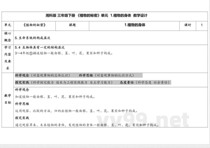 4.1植物的身体 教学设计 湘科版科学三年级下册 4.1植物的身体 教学设计 湘科版科学三年级下册