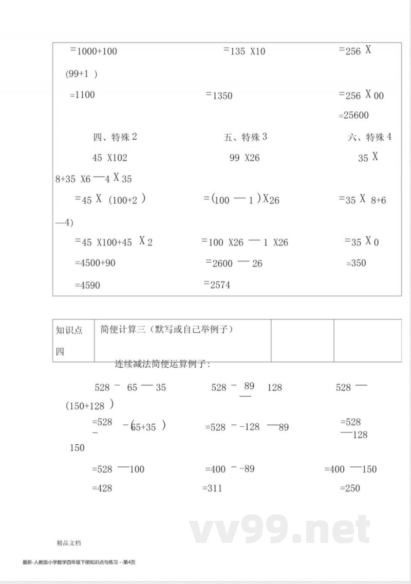人教版小学数学四年级下册知识点与练习 人教版小学数学四年级下册知识点与练习