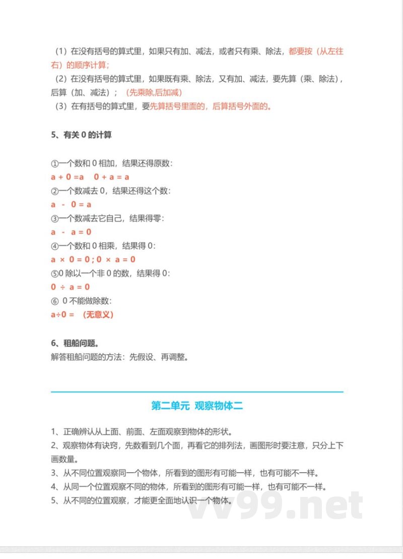 人教版小学四年级下册数学知识点预习