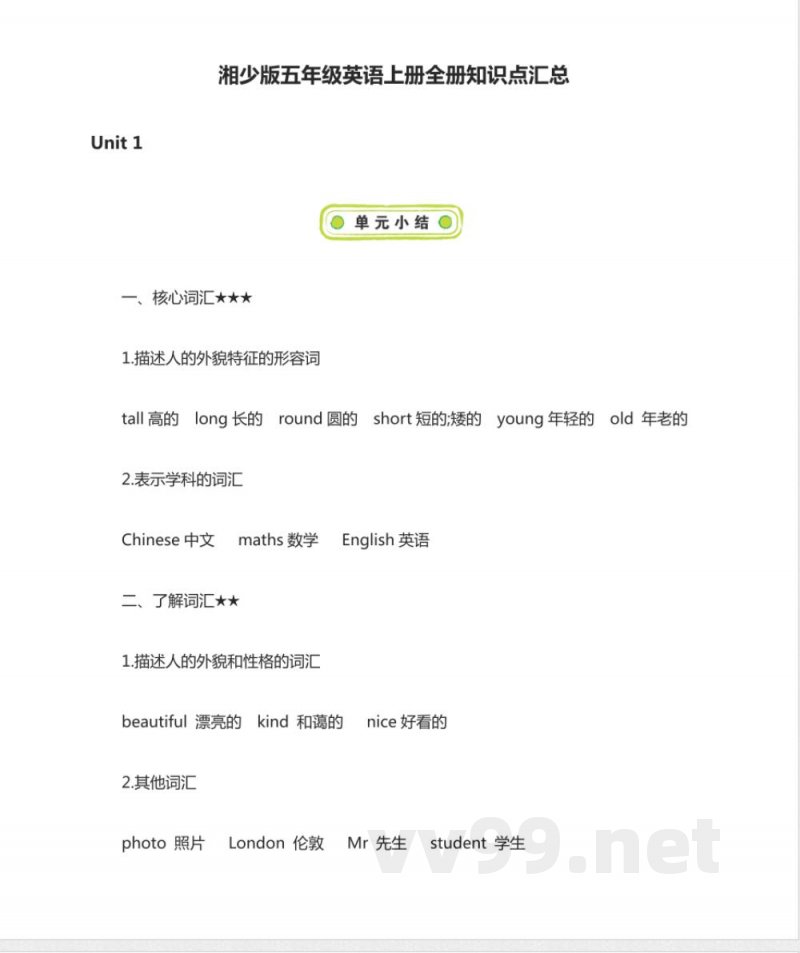 湘少版五年级上册英语知识点总结 湘少版五年级上册英语知识点总结