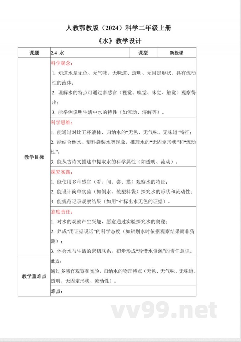 2.4 水（教学设计）科学人教鄂教版二年级上册2025