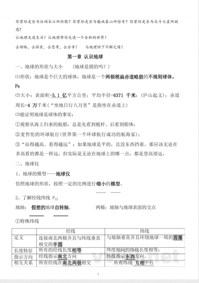 粤教版七年级上册地理知识点,复习专用