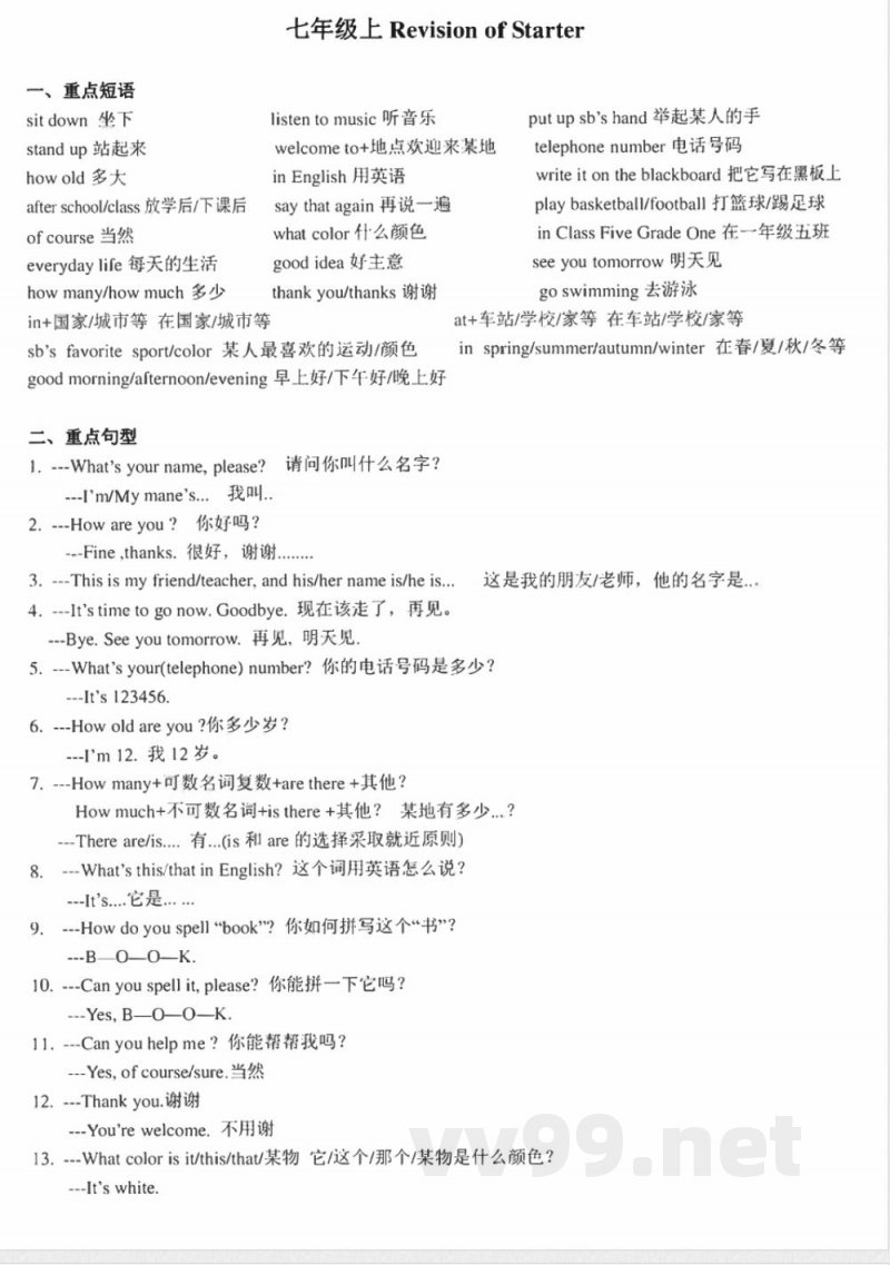 2024外研版英语七年级上册复习知识点 2024外研版英语七年级上册复习知识点