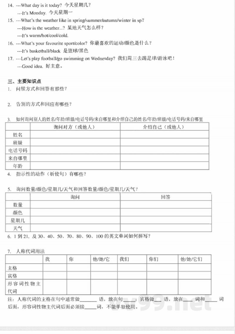 2024外研版英语七年级上册复习知识点 2024外研版英语七年级上册复习知识点