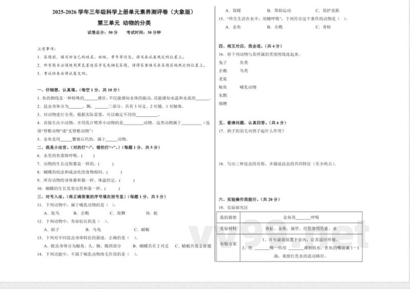 第三单元 动物的分类(单元测试)科学大象版三年级上册 A3版 第三单元 动物的分类(单元测试)科学大象版三年级上册 A3版