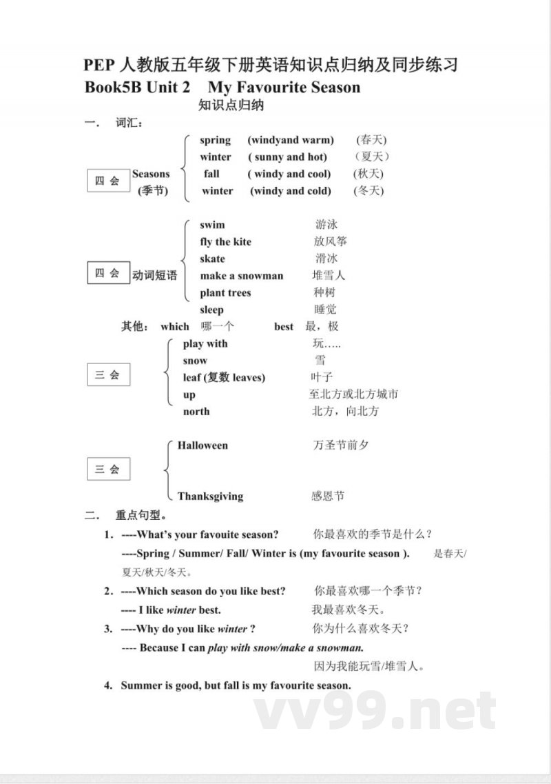 人教PEP版五年级下册英语Unit2知识点归纳及同步练习 人教PEP版五年级下册英语Unit2知识点归纳及同步练习