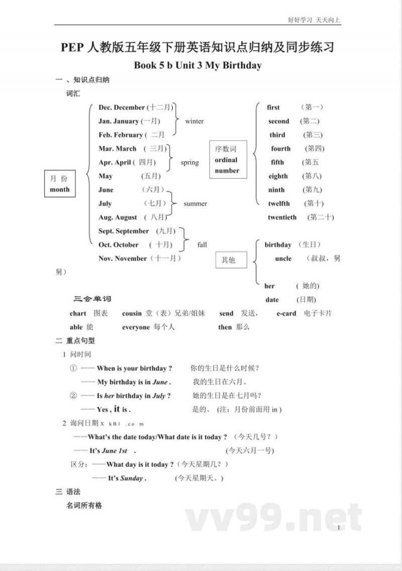 人教PEP版五年级下册英语Unit3知识点归纳及同步练习 人教PEP版五年级下册英语Unit3知识点归纳及同步练习