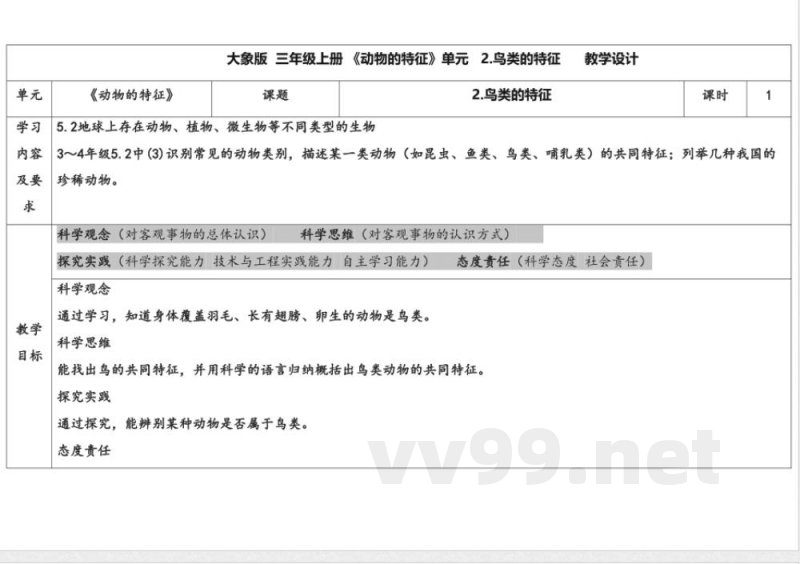 2.2鸟类的特征 教学设计 大象版科学三年级上册 2.2鸟类的特征 教学设计 大象版科学三年级上册