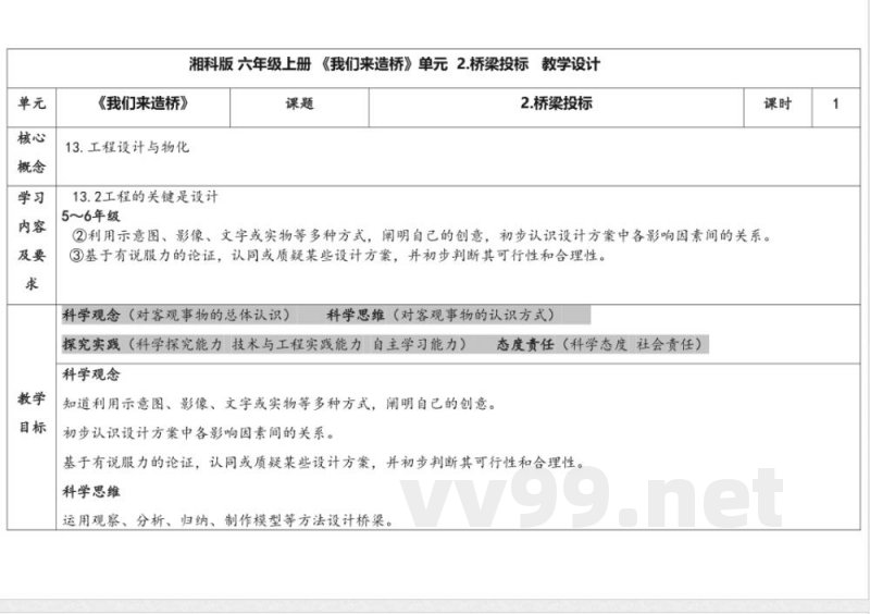5.2桥梁投标 教学设计 湘科版科学六年级上册