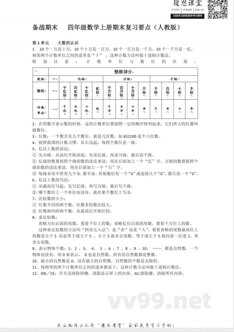 四年级上册数学人教版知识要点 四年级上册数学人教版知识要点