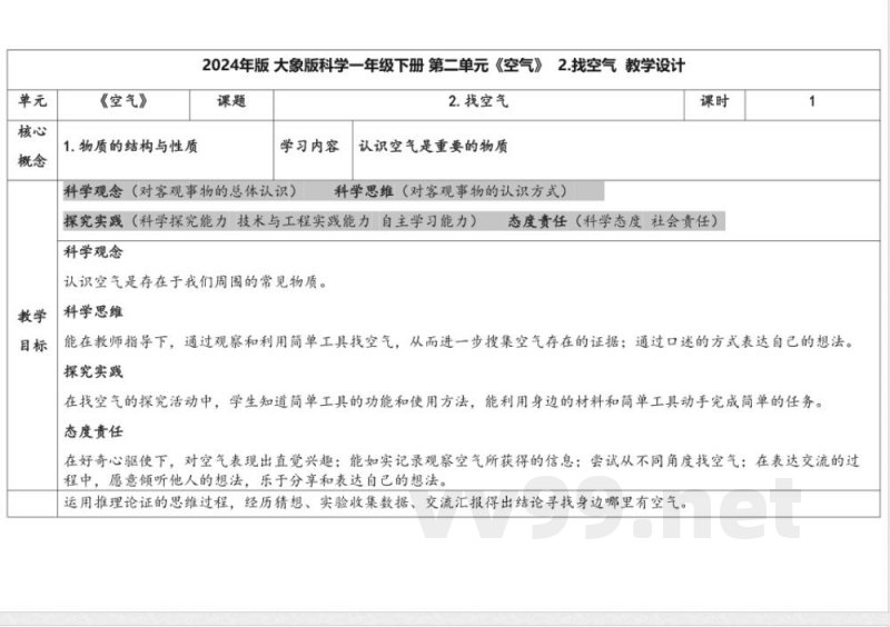 2.找空气 教学设计 大象版科学一年级下册 2.找空气 教学设计 大象版科学一年级下册