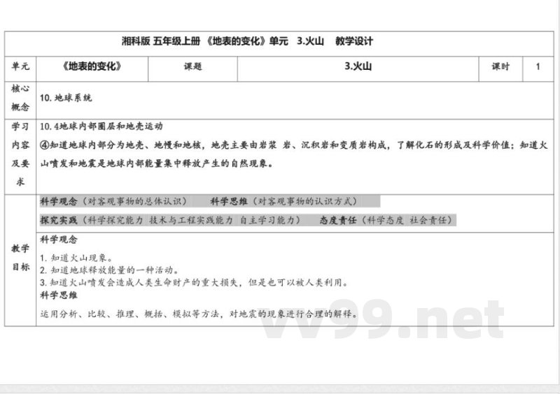 3.3火山 教学设计 湘科版科学五年级上册 3.3火山 教学设计 湘科版科学五年级上册