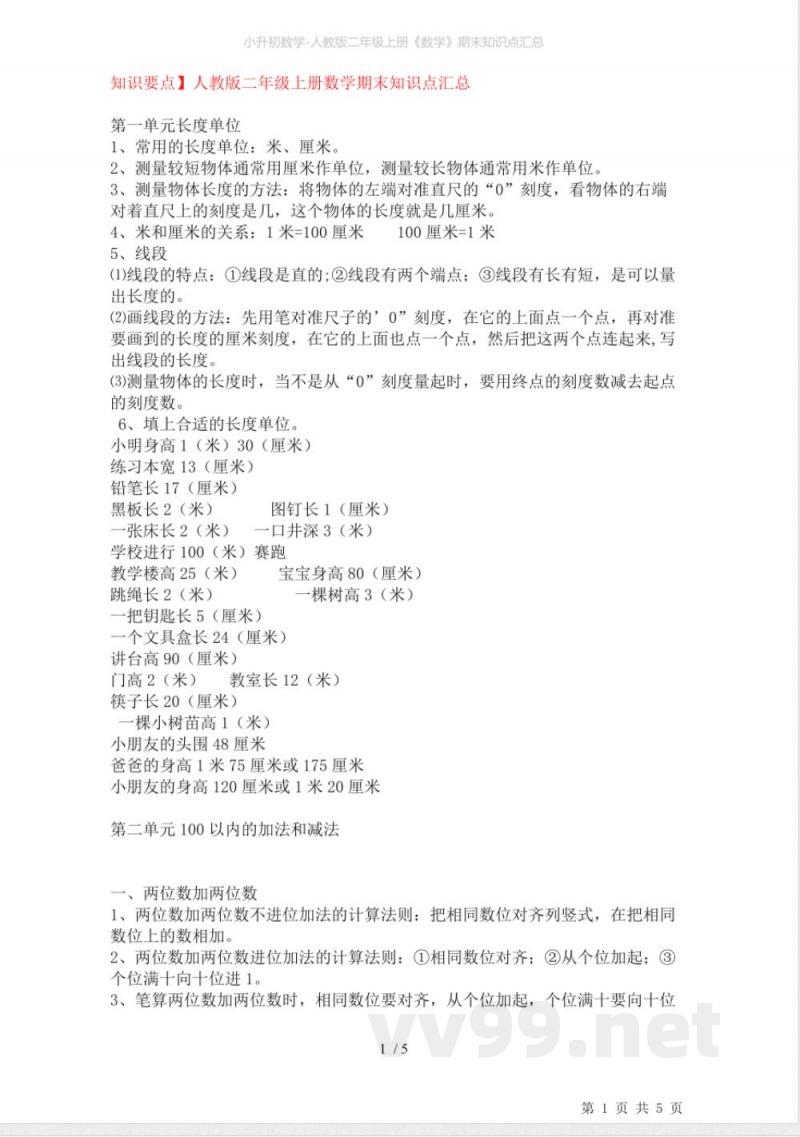 小升初数学-人教版二年级上册《数学》期末知识点汇总 小升初数学-人教版二年级上册《数学》期末知识点汇总