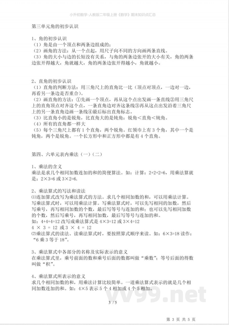 小升初数学-人教版二年级上册《数学》期末知识点汇总 小升初数学-人教版二年级上册《数学》期末知识点汇总