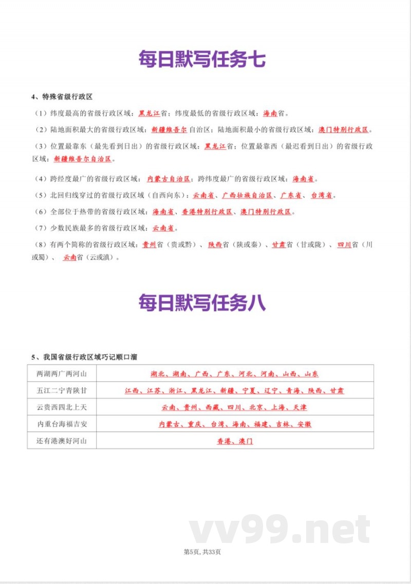 初中地理:八年级上册地理每日默写知识点(背诵版) 初中地理:八年级上册地理每日默写知识点(背诵版)