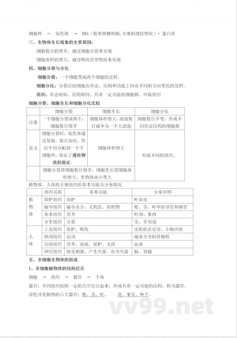 冀少版初中生物七年级上册知识梳理