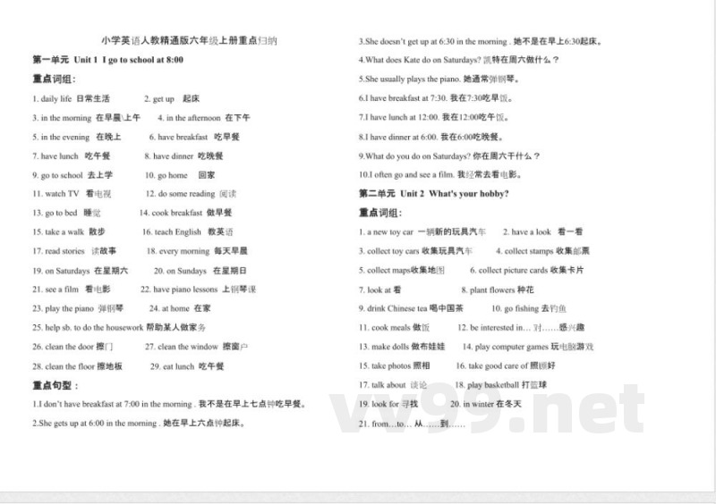 小学英语人教精通版六年级上册重点归纳